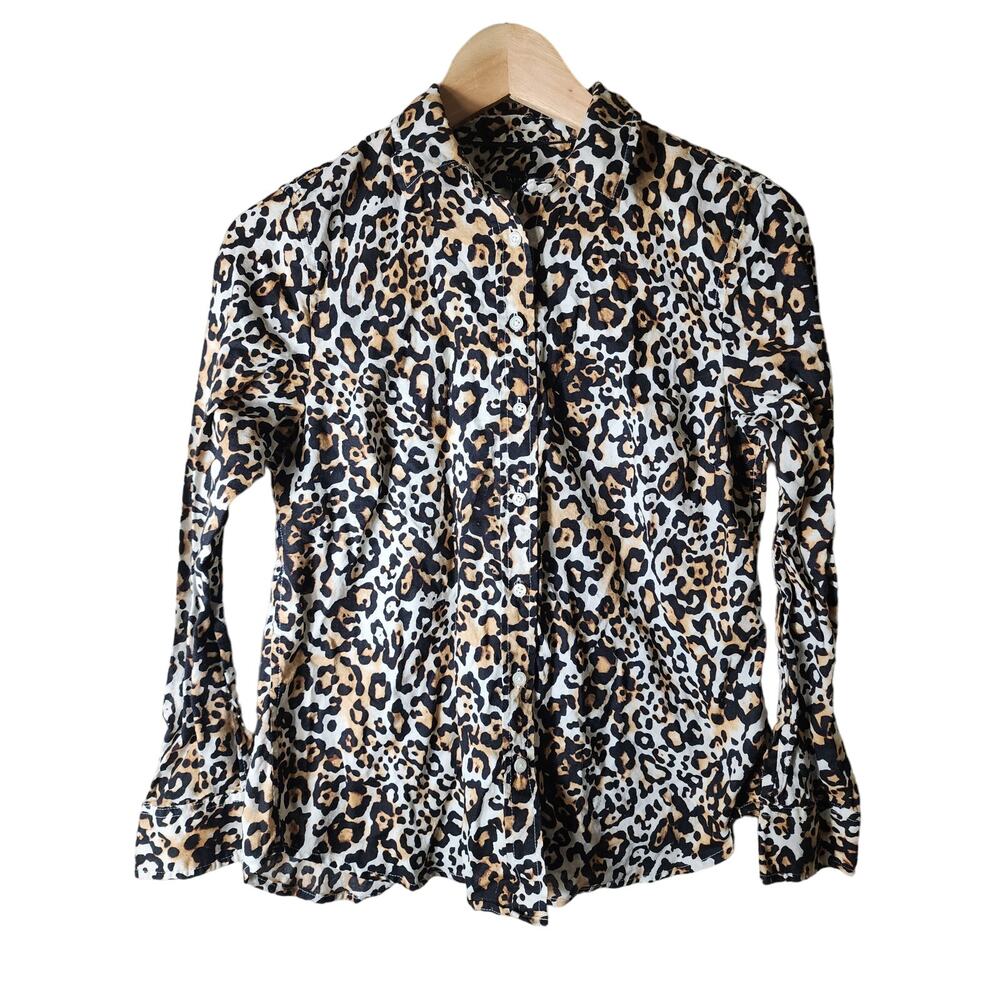 TALBOTS Brown Black Animal Print Leopard Button Down Top SZ SP